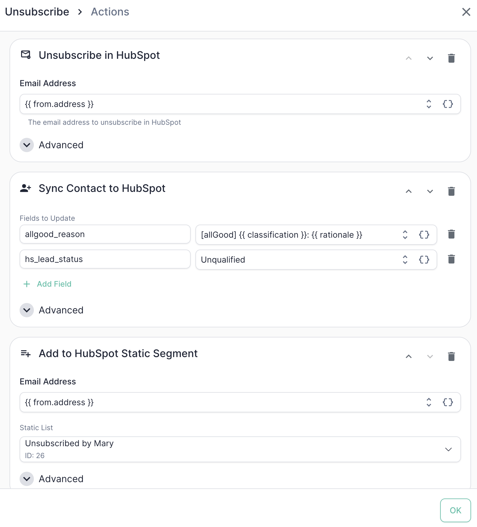 The HubSpot Actions configuration UI