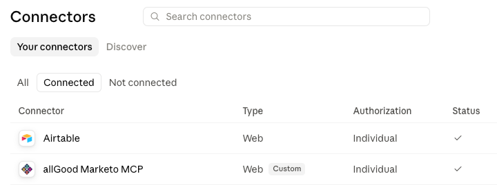 Connectors list showing allGood Marketo MCP with a checkmark under Status, confirming it's connected