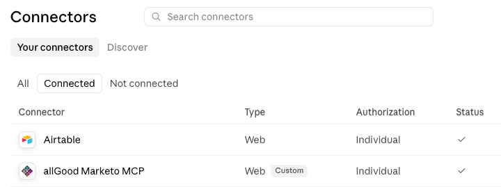 Connectors list showing allGood Marketo MCP with a checkmark under Status, confirming it's connected