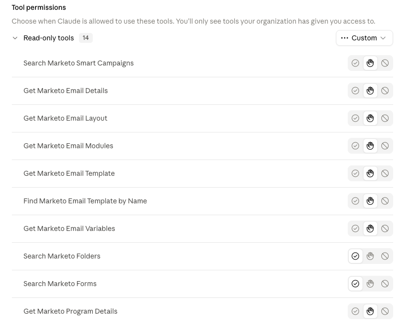 Tool permissions settings showing a list of read-only Marketo tools, each with always-allow, ask-each-time, and never-allow options