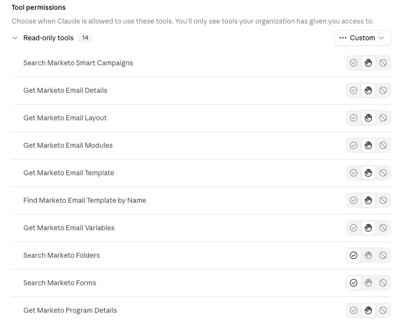 Tool permissions settings showing a list of read-only Marketo tools, each with always-allow, ask-each-time, and never-allow options