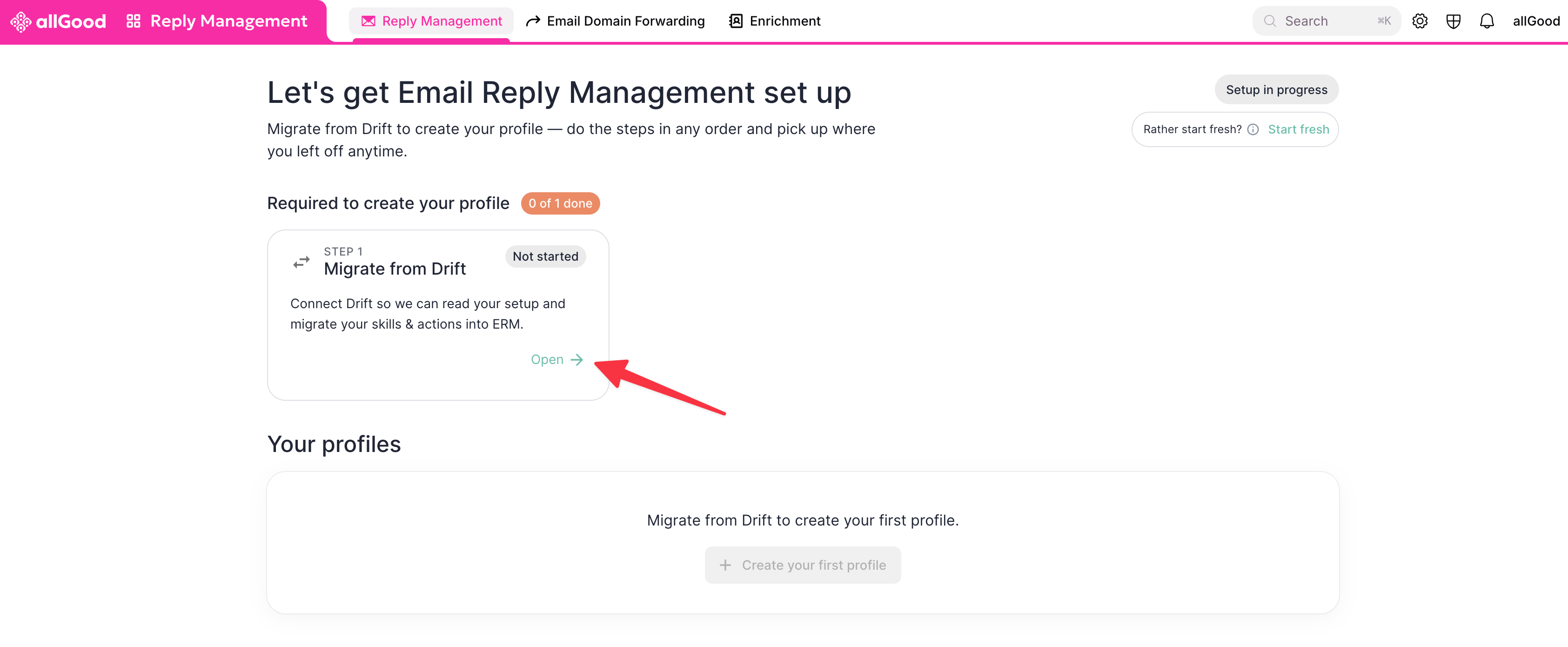 The Migrate from Drift step on the Email Reply Management setup page