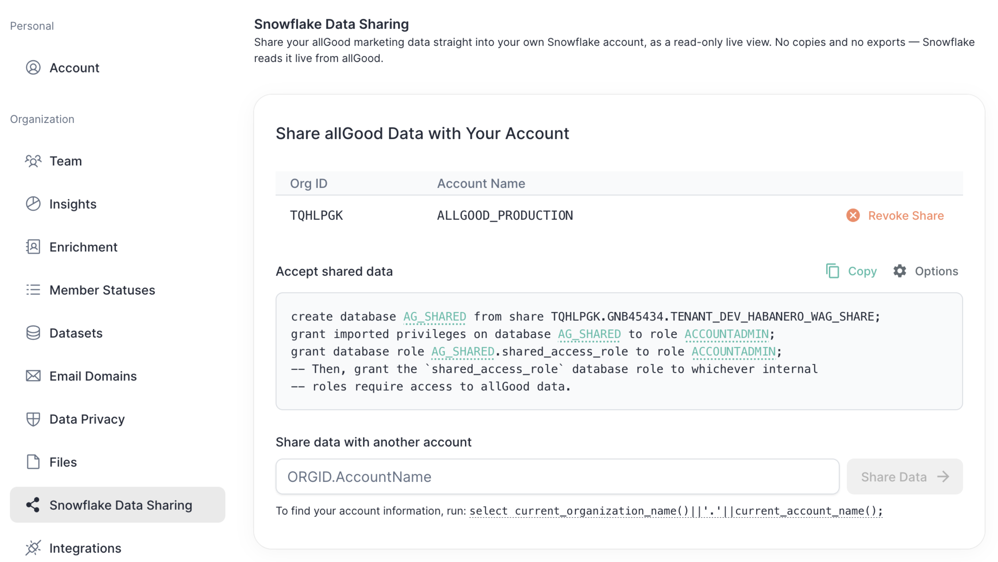 The Snowflake Data Sharing settings page, showing one account already receiving data and the SQL to accept the share