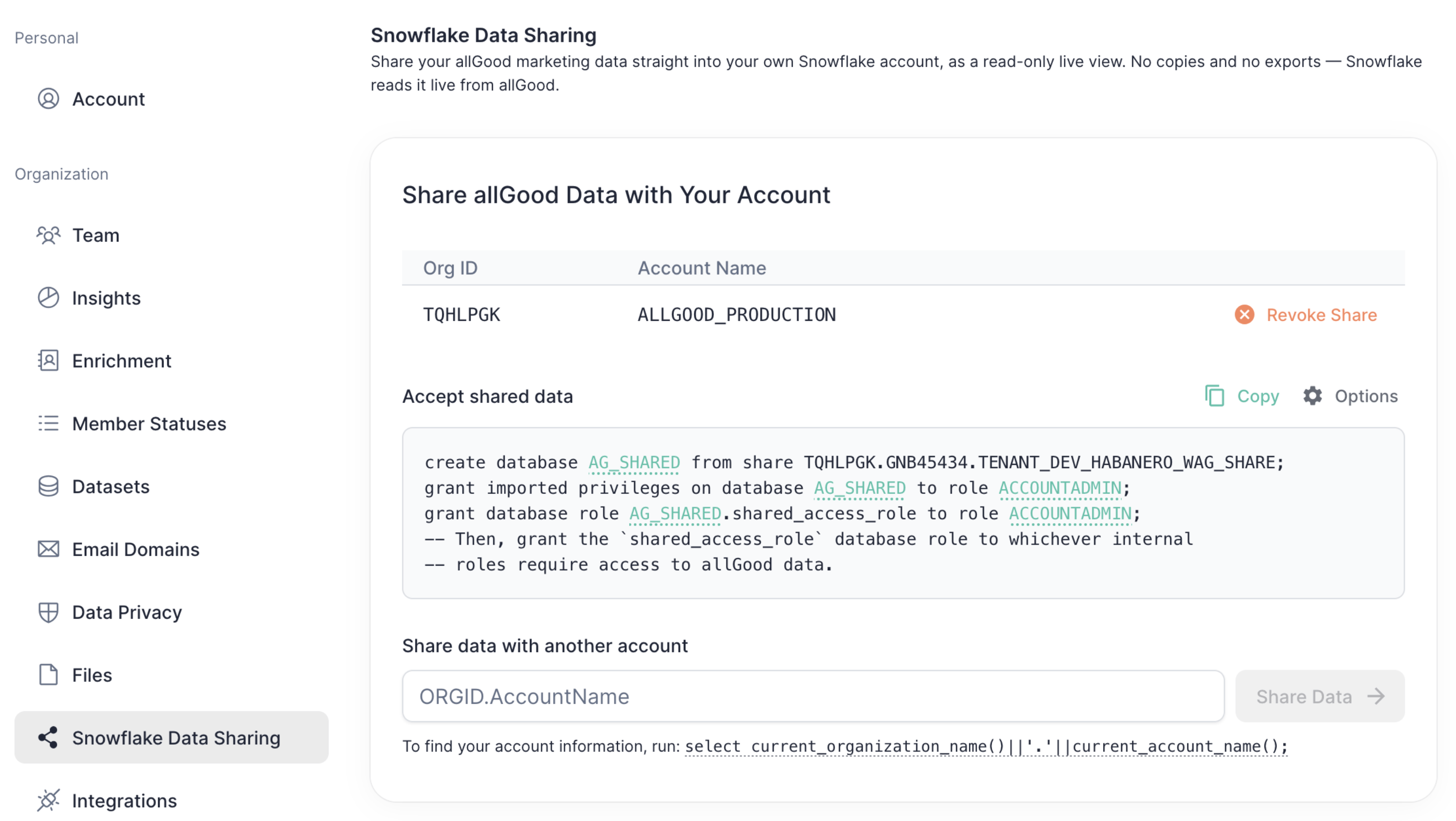 The Snowflake Data Sharing settings page, showing one account already receiving data and the SQL to accept the share