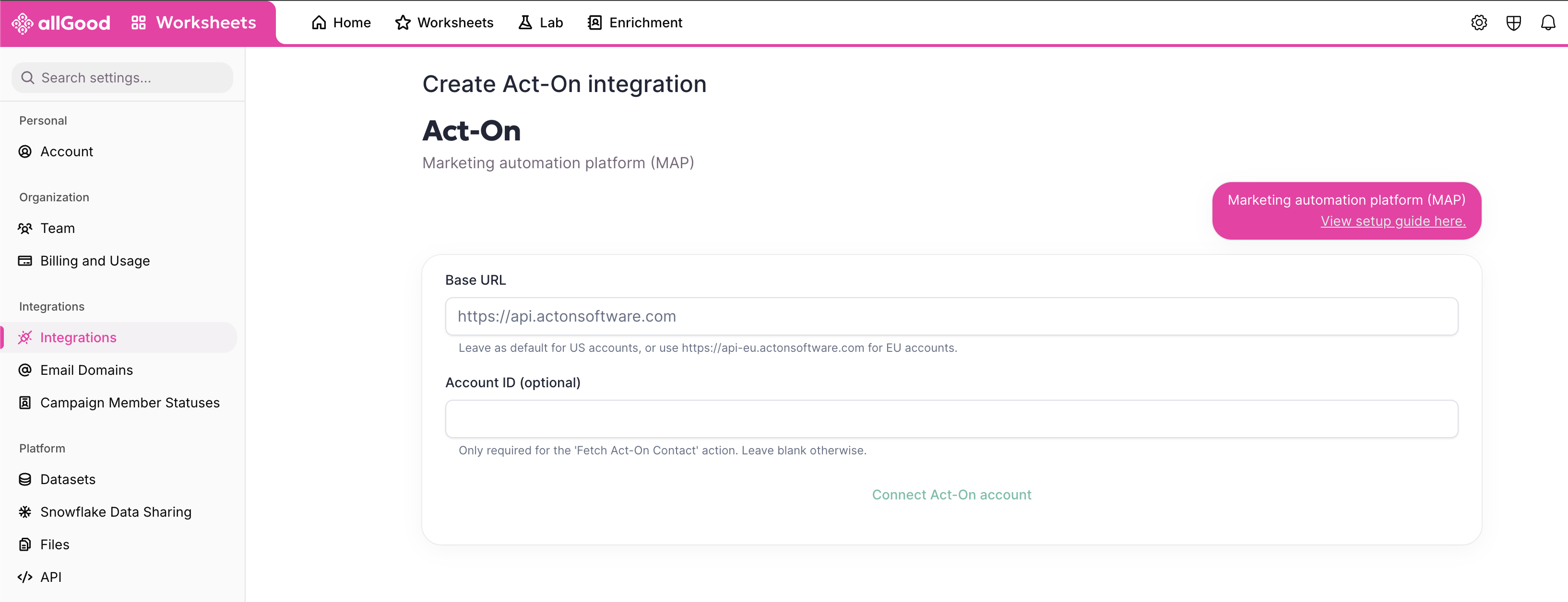 Create Act-On integration form with Base URL, Account ID, and Connect Act-On account
