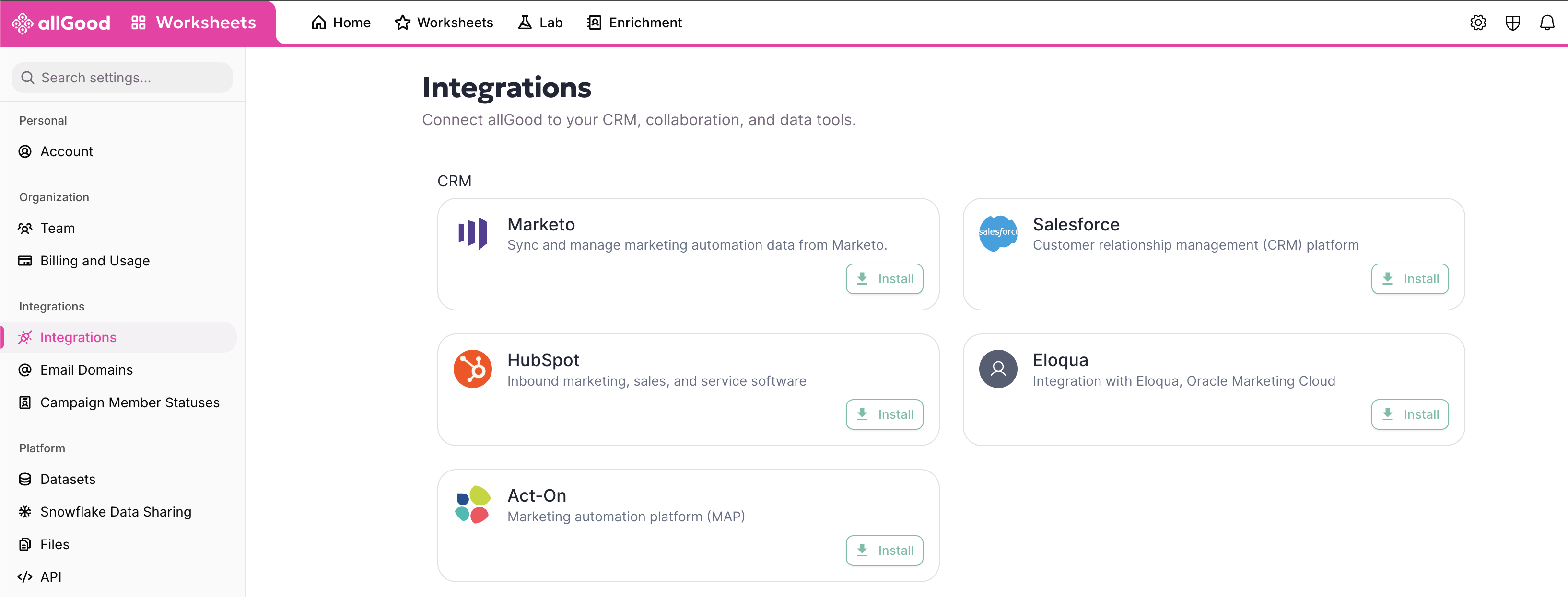 Act-On listed under Integrations → CRM