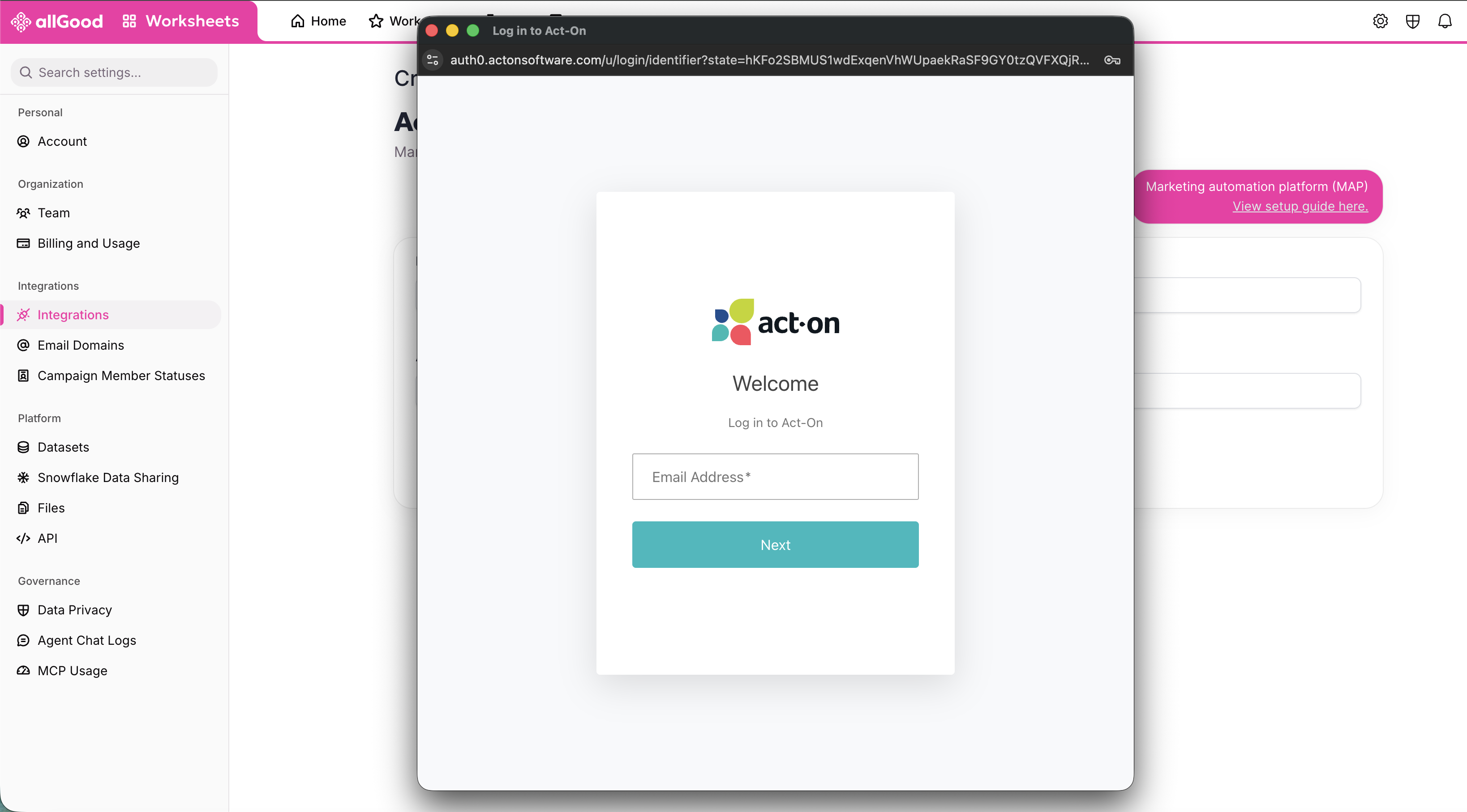 Act-On login window