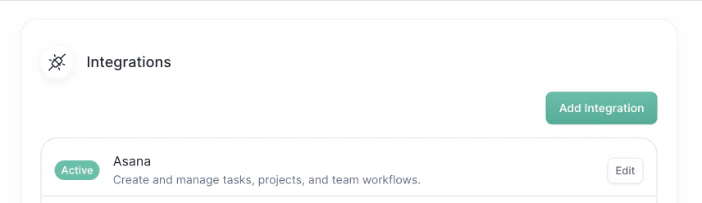 allGood integrations page with Asana marked as Active