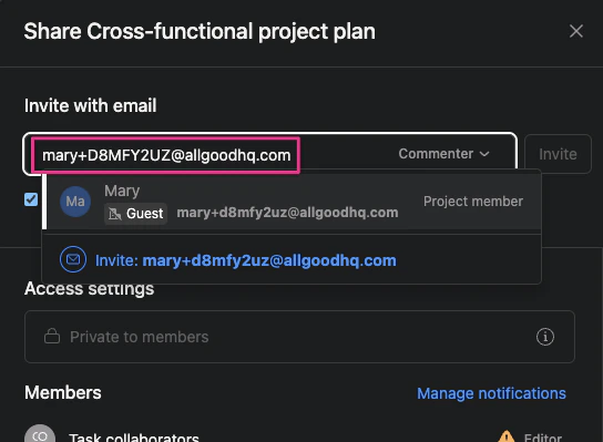 Asana project sharing dialog with Mary added as member