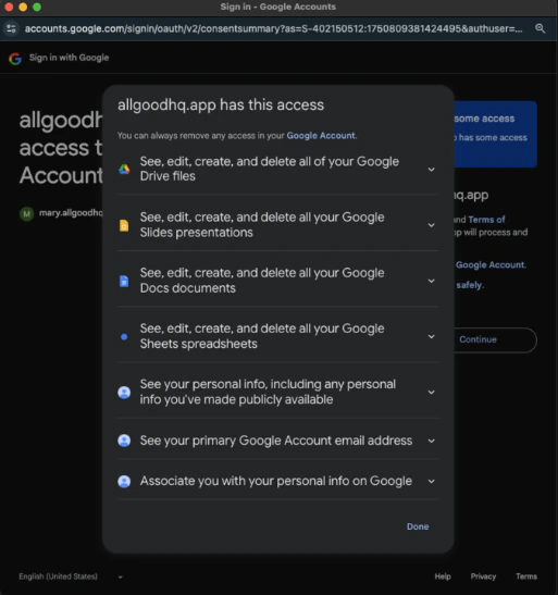 Google Drive sharing dialog with Mary account and Editor permissions