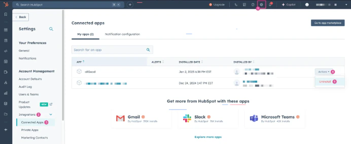 HubSpot Connected Apps Screen