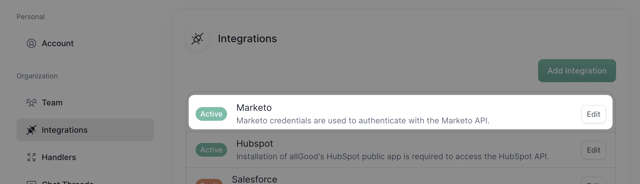 allGood integrations page with Marketo marked as Active
