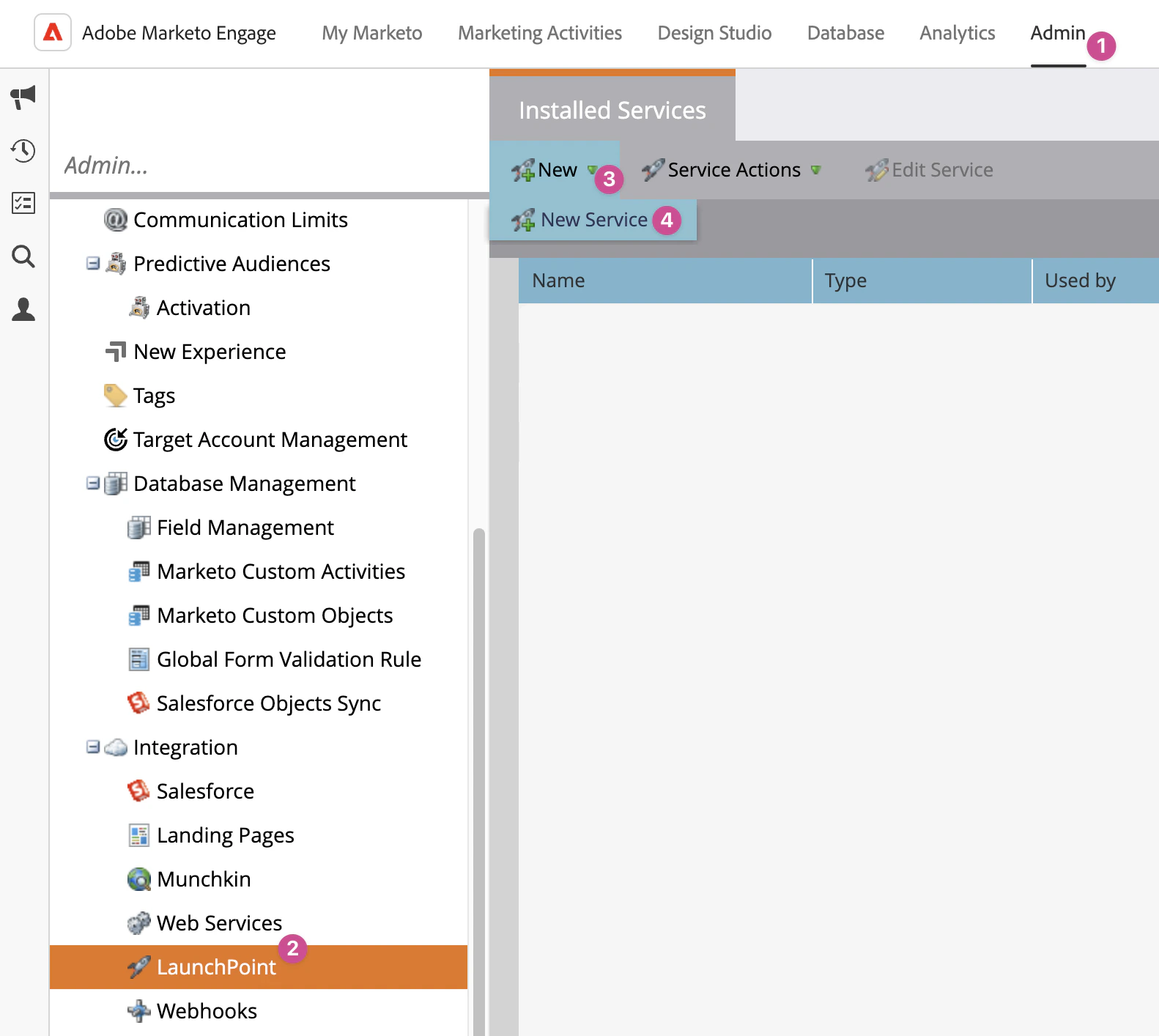 LaunchPoint page showing New Service option