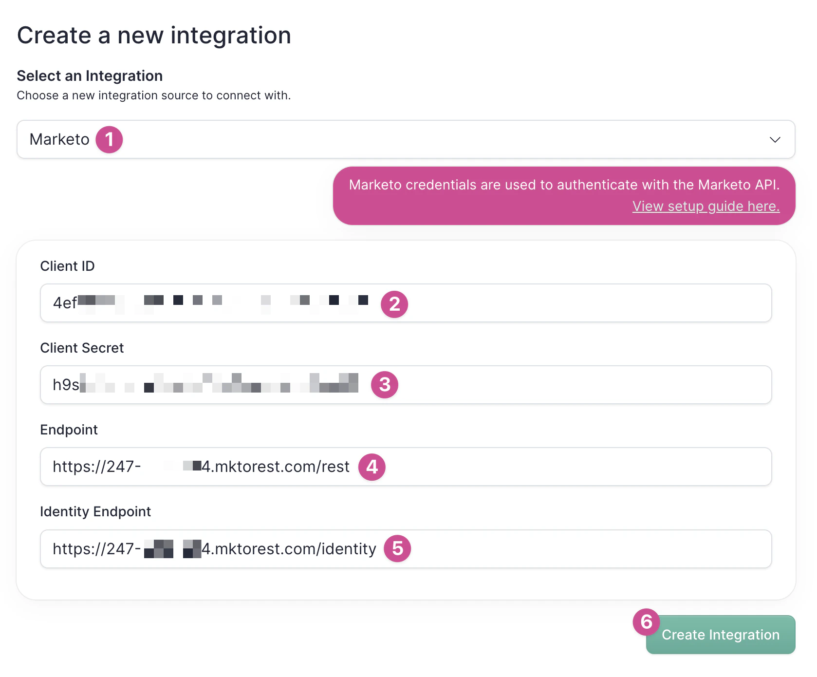 Marketo integration form with credential fields