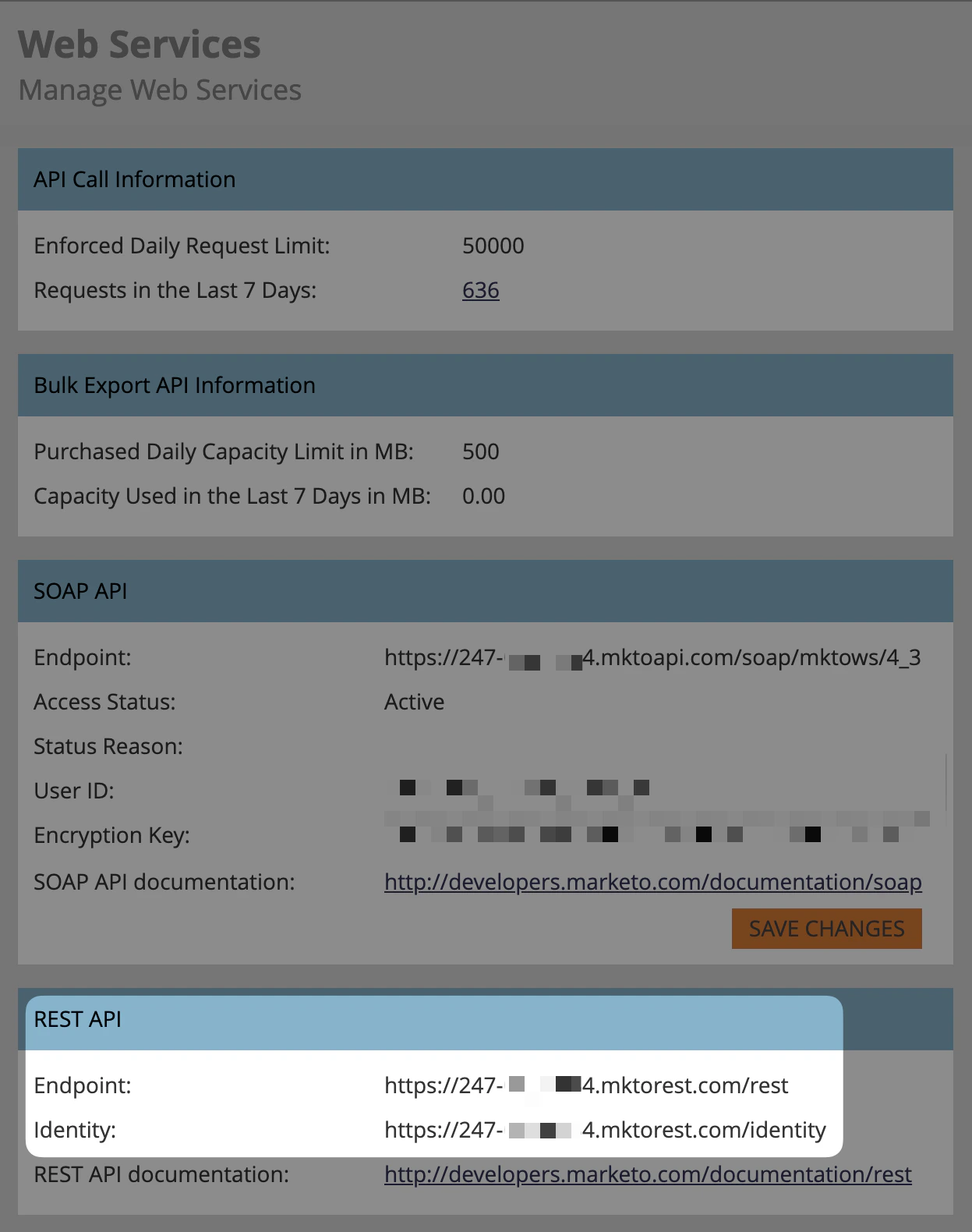 Web Services page showing REST API endpoints