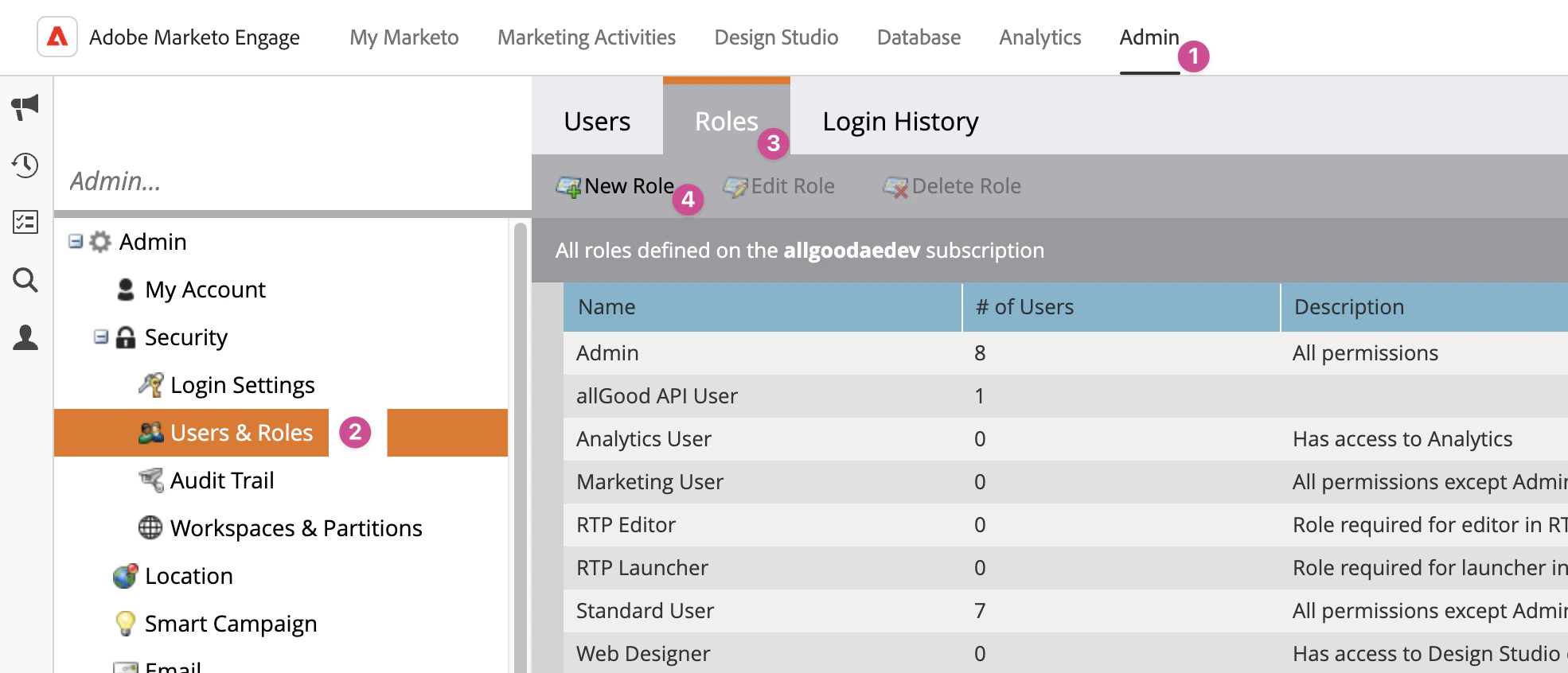 Roles page showing New Role button