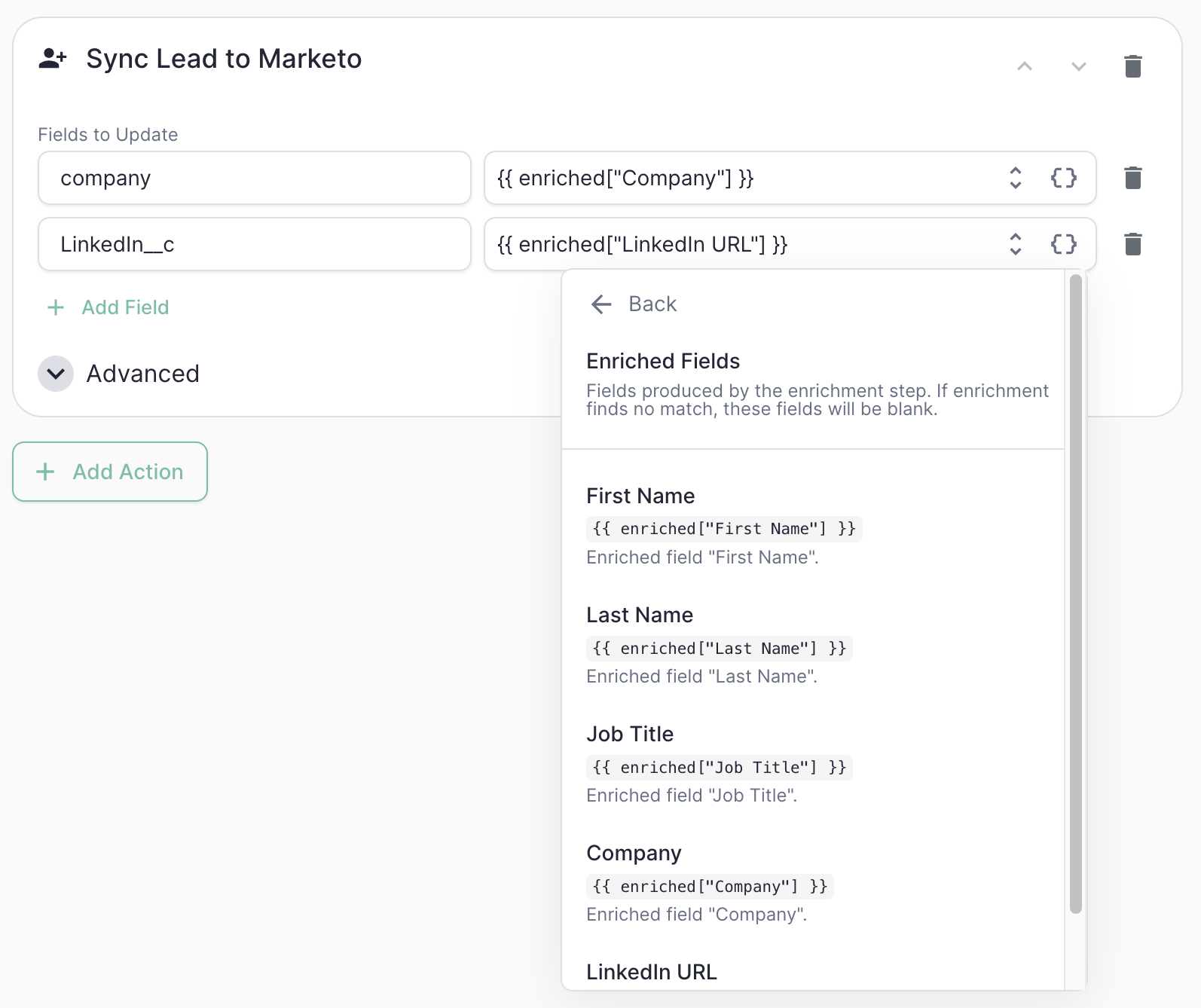 Picking enriched fields from the token picker in a Sync Lead to Marketo action