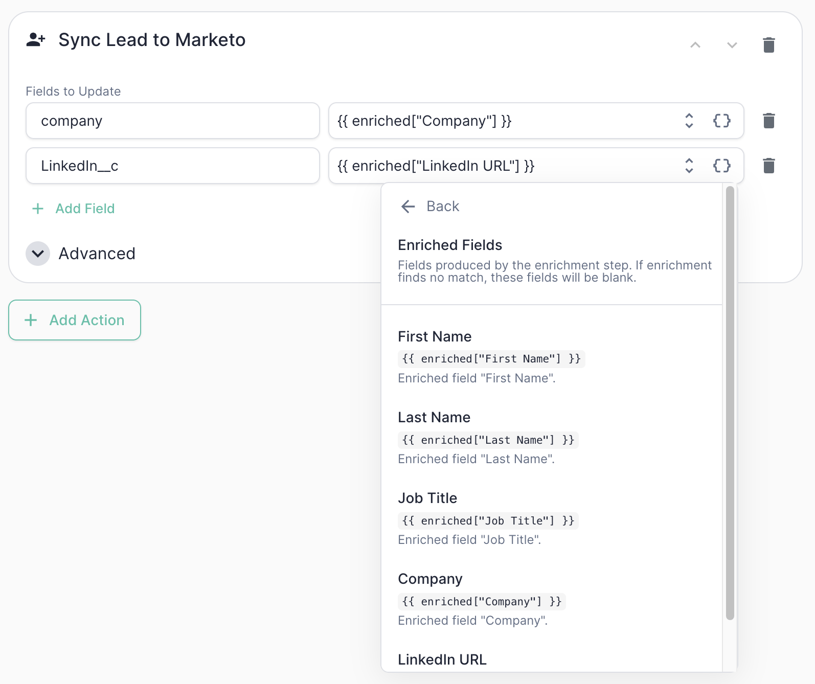 Picking enriched fields from the token picker in a Sync Lead to Marketo action
