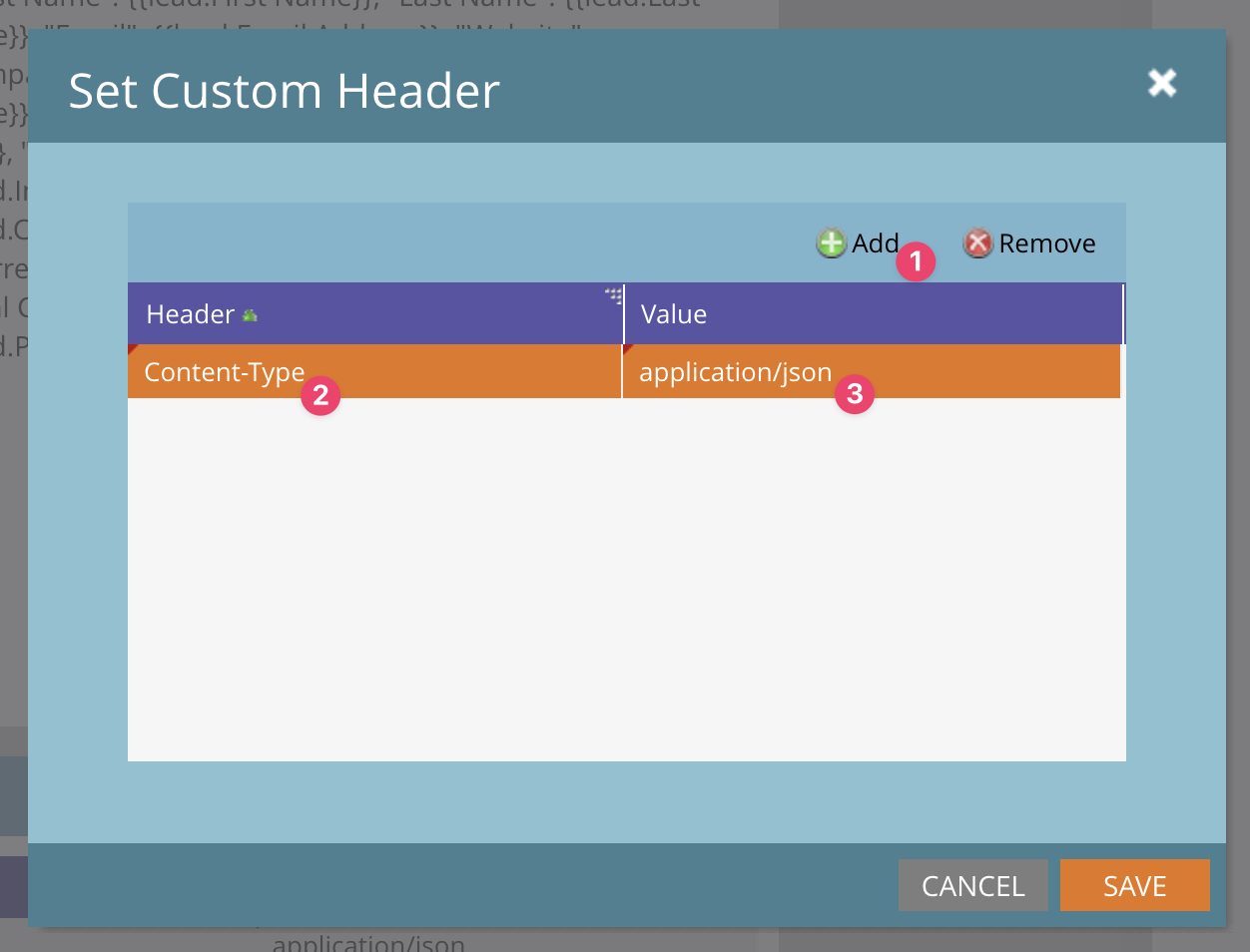 Adding the Content-Type: application/json custom header