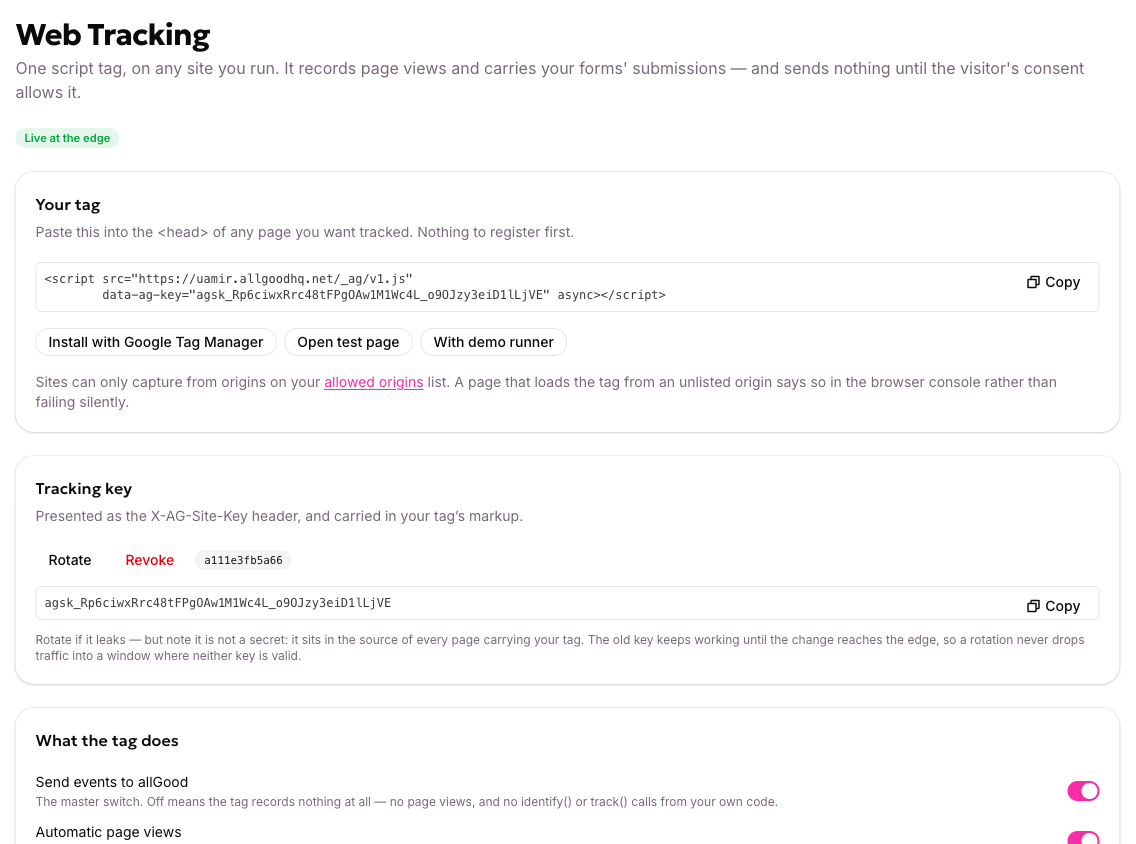The Web Tracking settings page, showing the generated tag, the account's tracking key, and the two switches that control what the tag sends