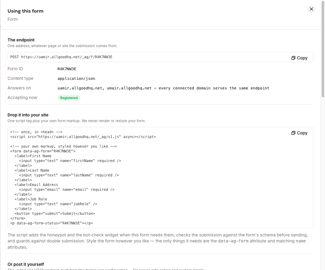 The How to use drawer, with an embed snippet built from this form's real fields
