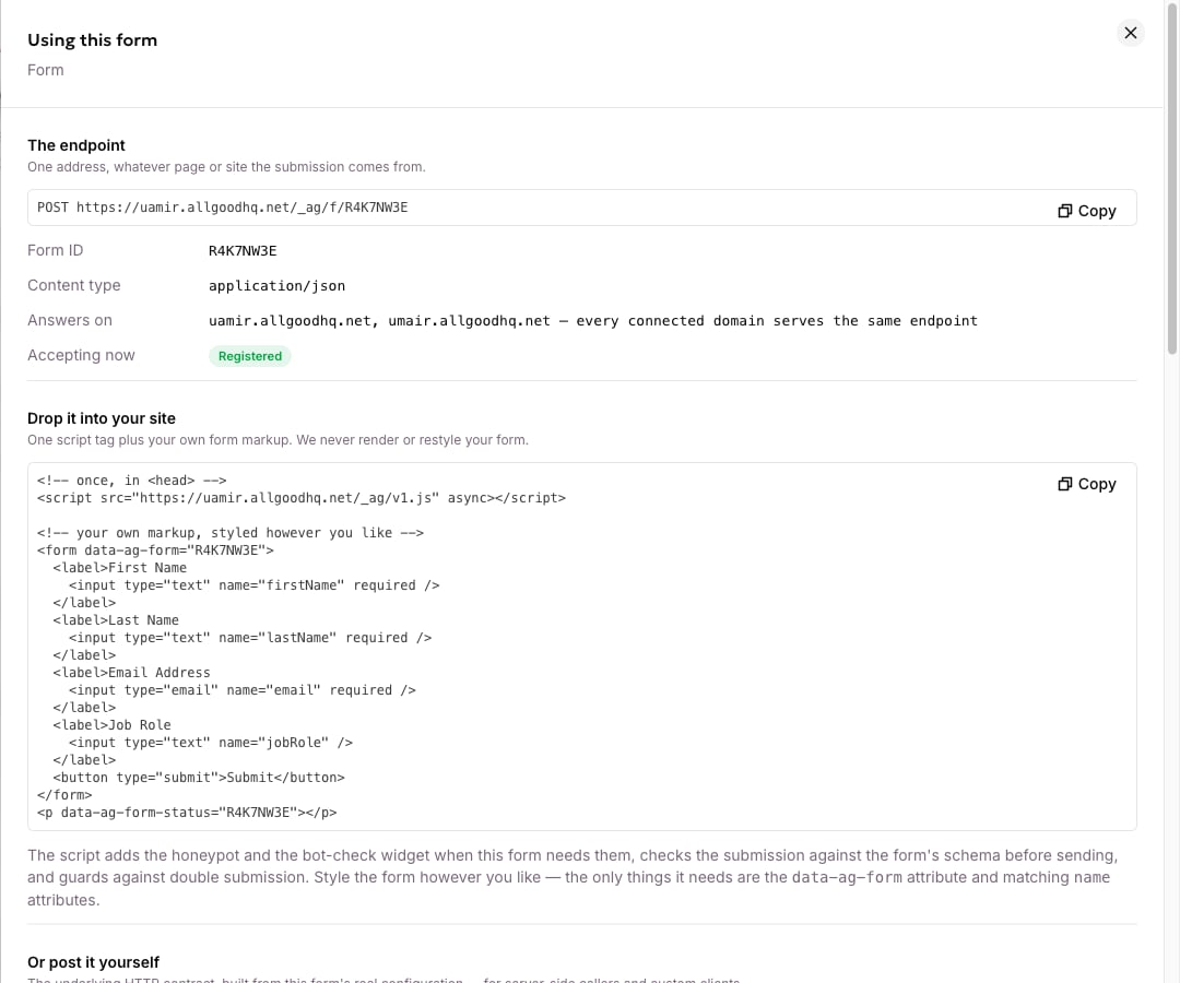 The How to use drawer, with an embed snippet built from this form's real fields