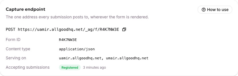 A form's Settings tab, showing its Form ID, its capture endpoint, and whether it is accepting submissions