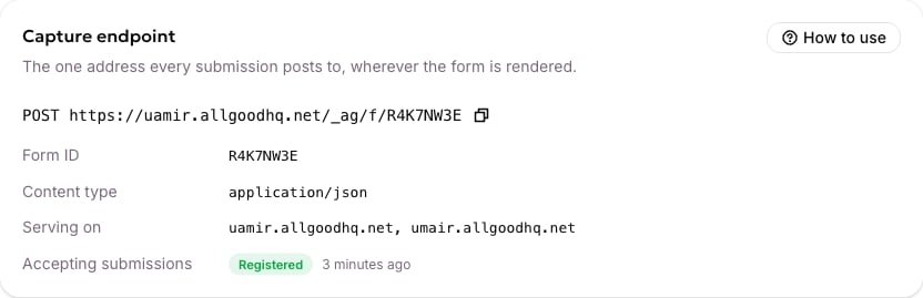 A form's Settings tab, showing its Form ID, its capture endpoint, and whether it is accepting submissions