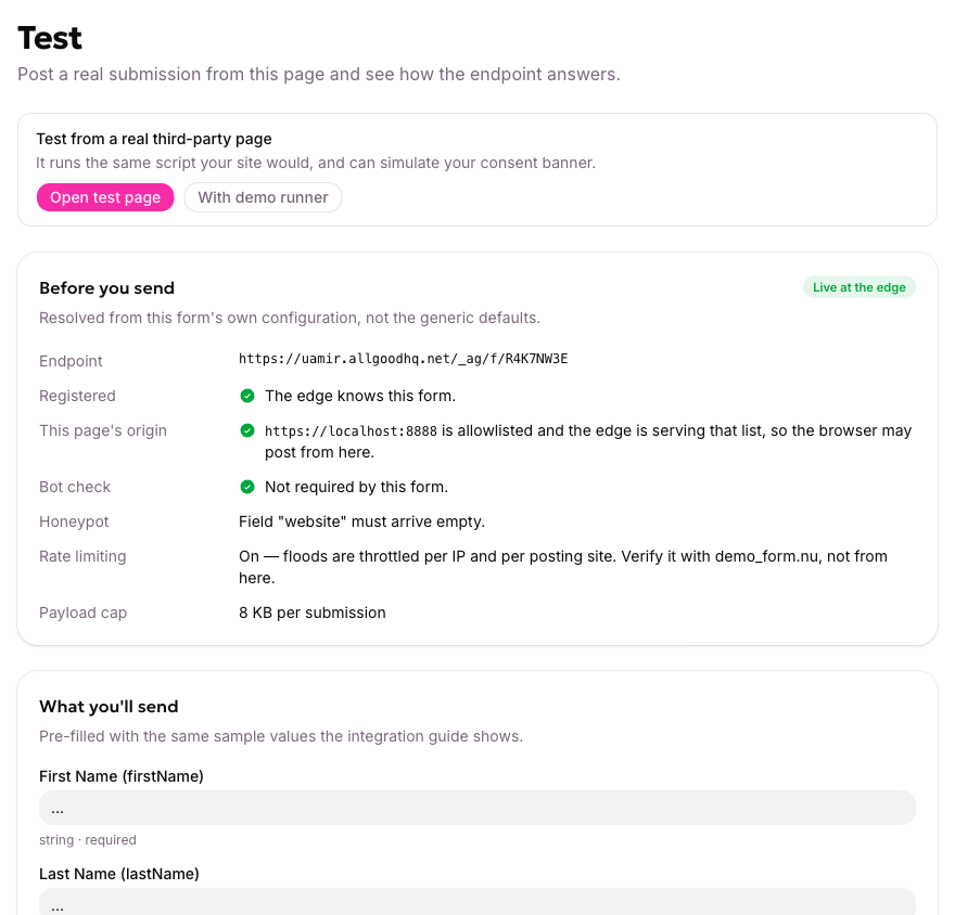 The in-app tester on a form's Test tab, with the payload built from the form's real fields