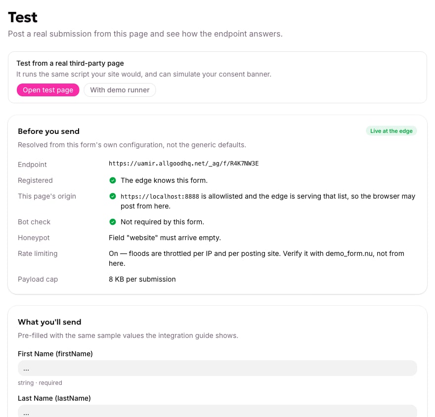 The in-app tester on a form's Test tab, with the payload built from the form's real fields