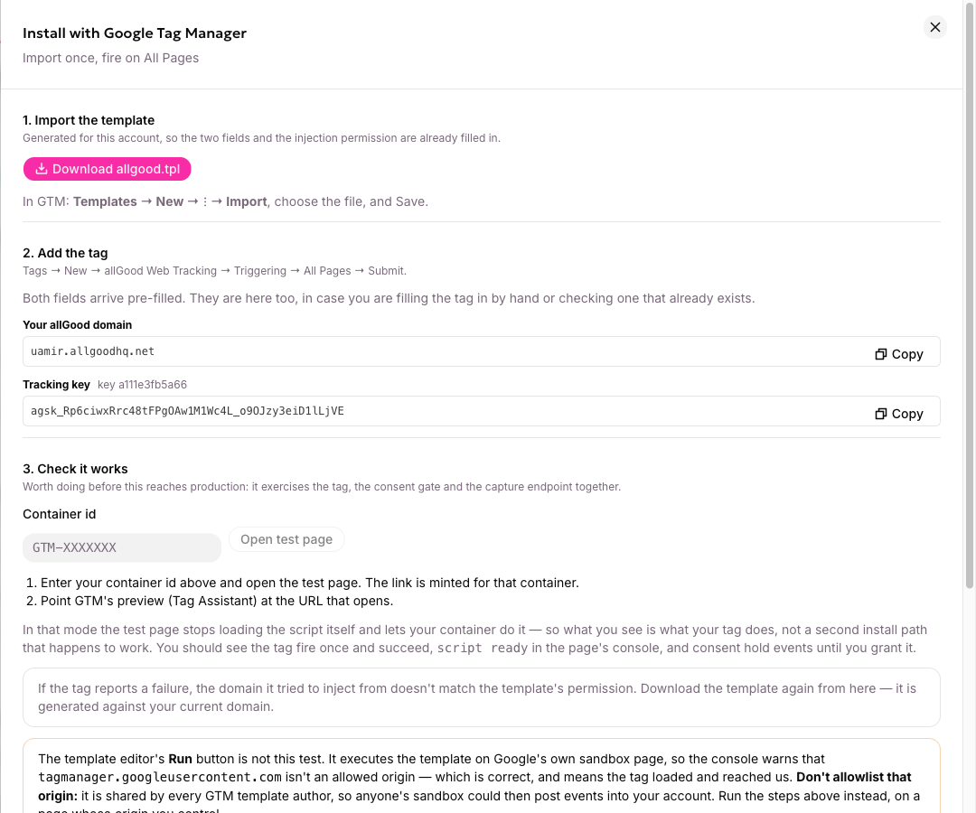 The Google Tag Manager install drawer, with the template download and your pre-filled domain and key