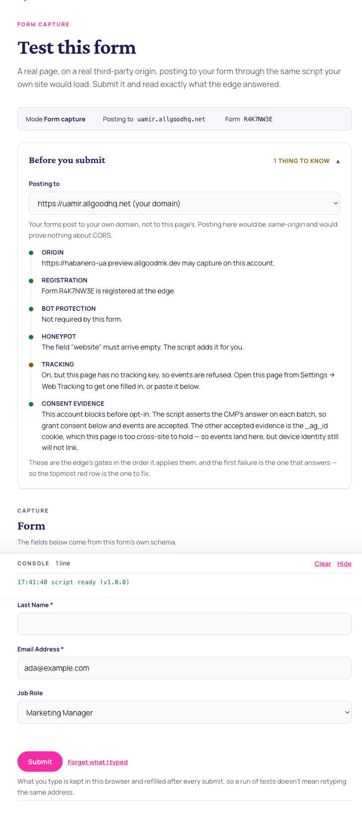 The test page in form mode, rendering the form's real declared fields