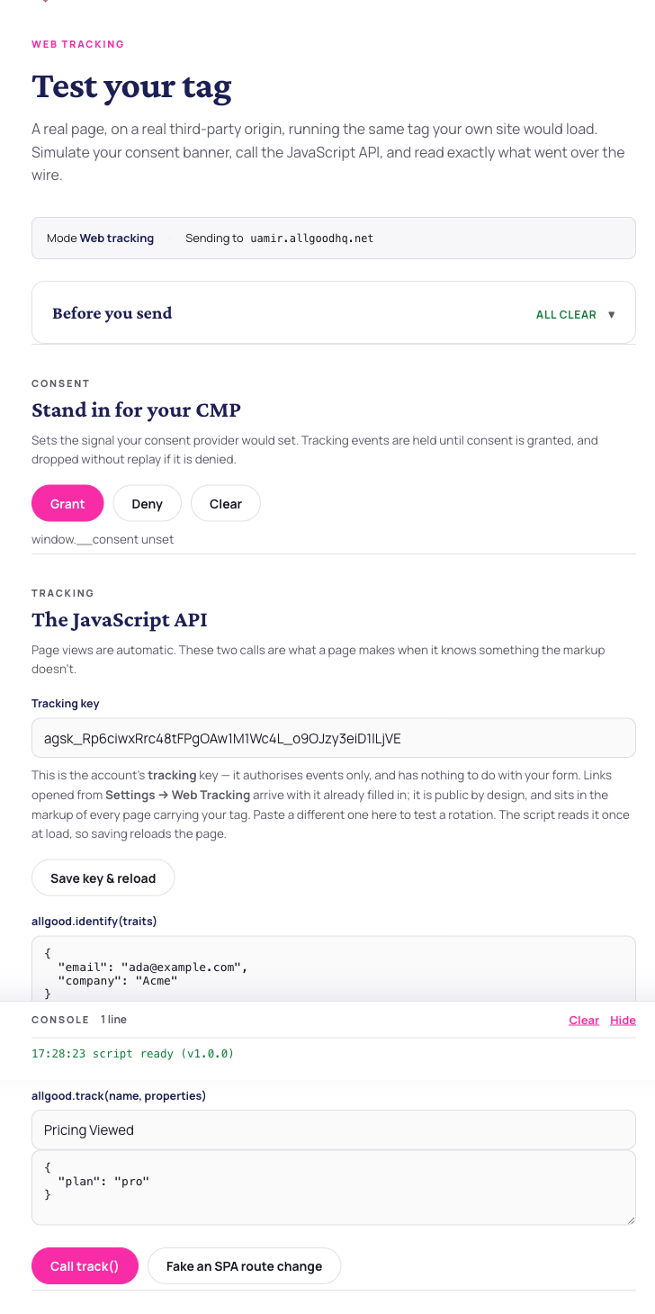 The hosted test page in tracking mode, with the readiness checks, the consent simulator and the JavaScript API