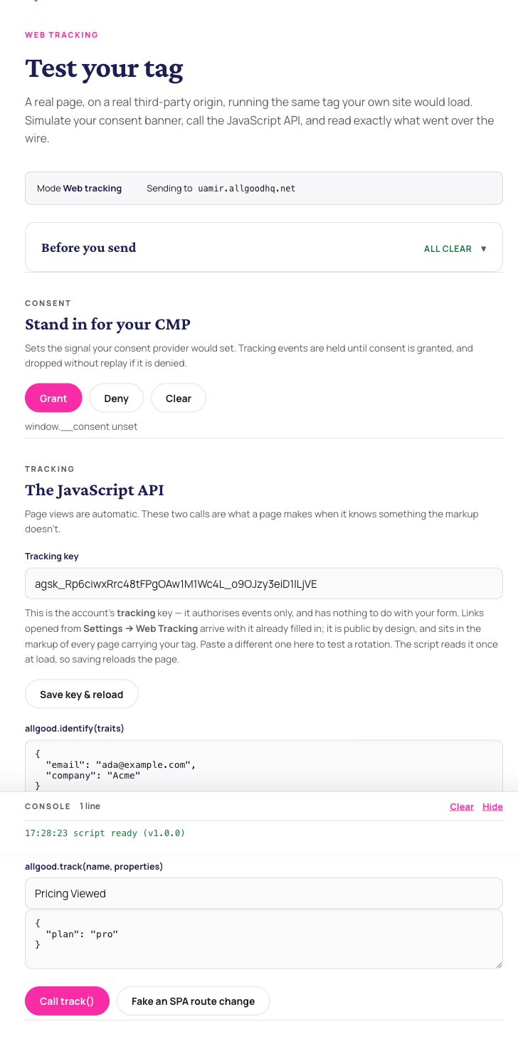 The hosted test page in tracking mode, with the readiness checks, the consent simulator and the JavaScript API