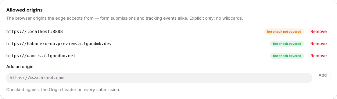The Allowed origins card, listing each website allowed to capture and whether the bot check covers it