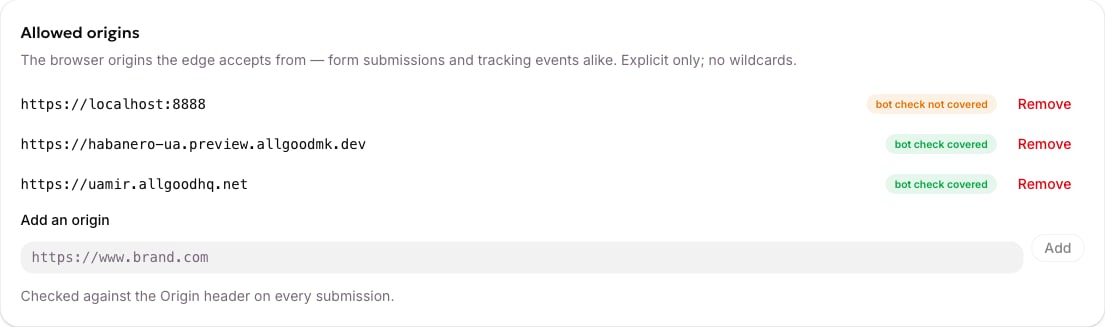 The Allowed origins card, listing each website allowed to capture and whether the bot check covers it