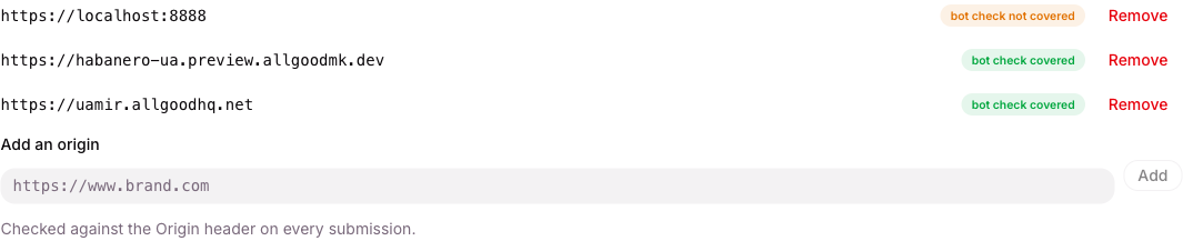 An origin the bot check does not cover, shown alongside origins it does