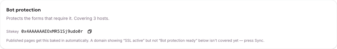 The Bot protection card, showing how many hosts the widget covers and the public sitekey