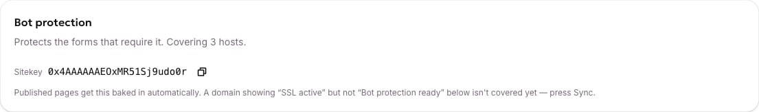 The Bot protection card, showing how many hosts the widget covers and the public sitekey