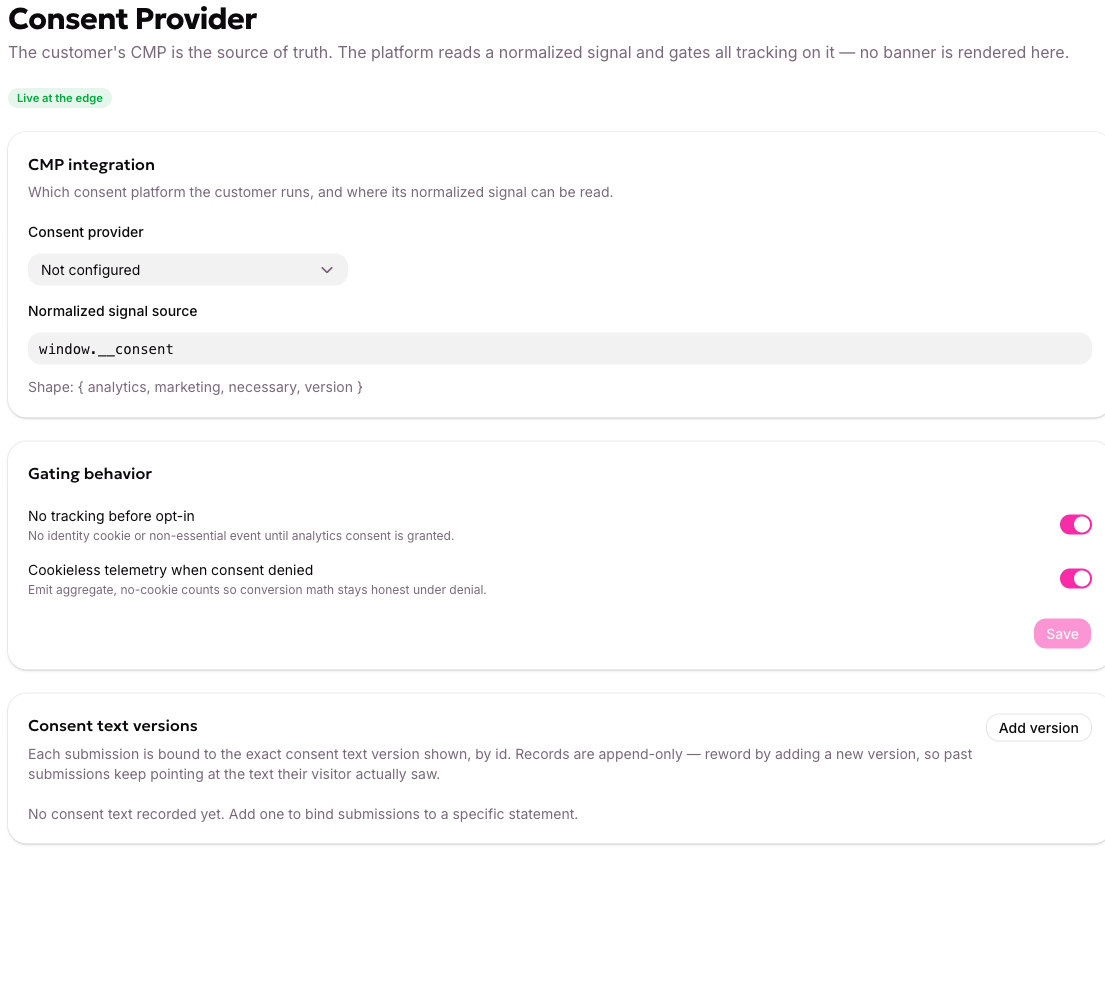 The Consent Provider settings, with the signal source and the gating behaviour