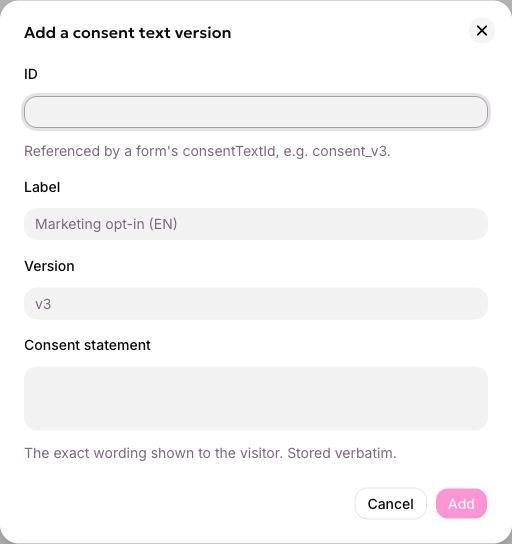 Adding a consent text version, with its id, label, version and the exact statement shown