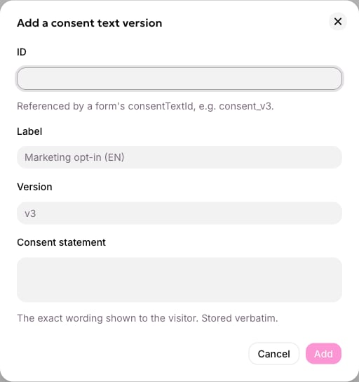 Adding a consent text version, with its id, label, version and the exact statement shown