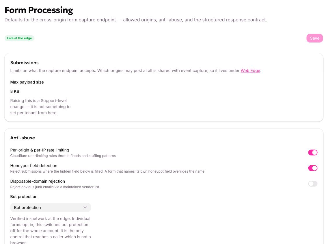 The Form Processing settings, with the submission limit, the anti-abuse controls and the response contract