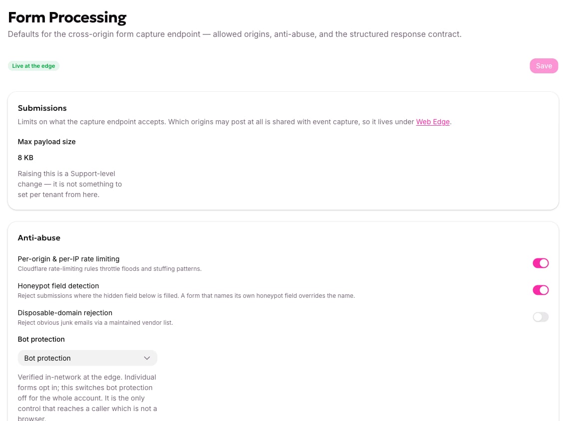 The Form Processing settings, with the submission limit, the anti-abuse controls and the response contract
