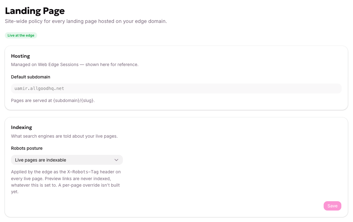 The Landing Page settings, with the robots posture