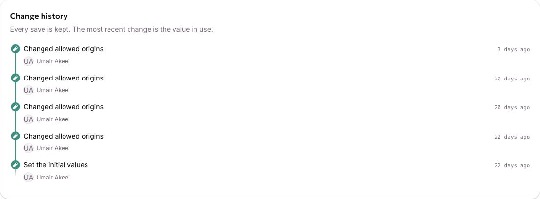 The change history at the bottom of a settings screen