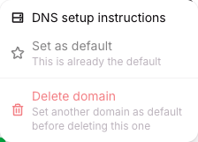 The row actions menu, with DNS setup instructions, Set as default and Delete domain
