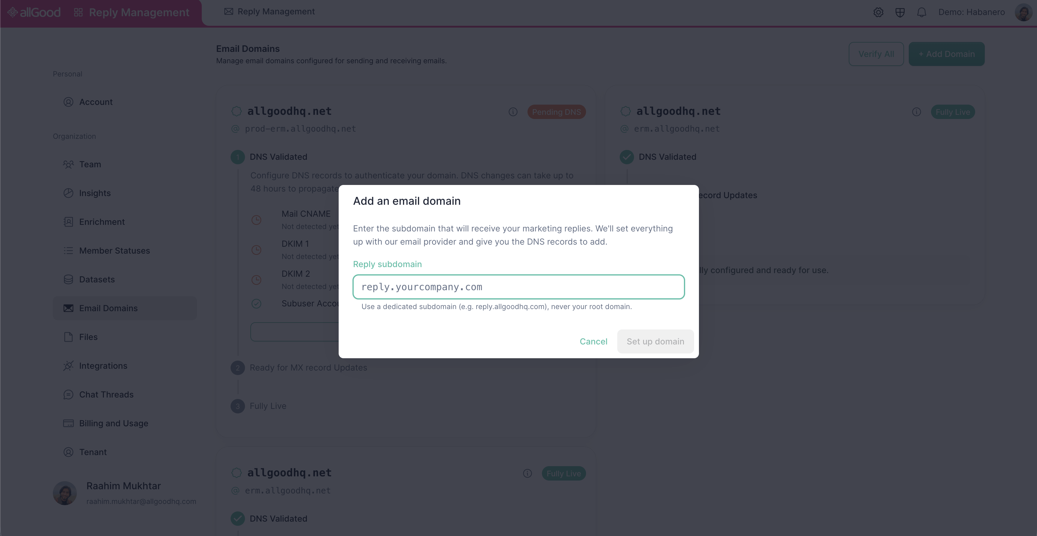 Adding a new email domain in allGood