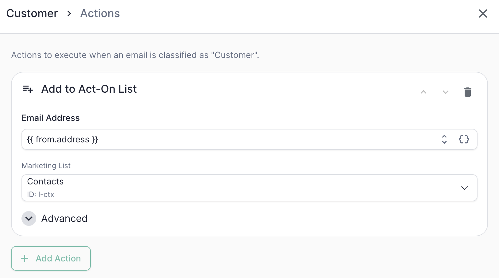Add to Act-On List action configuration