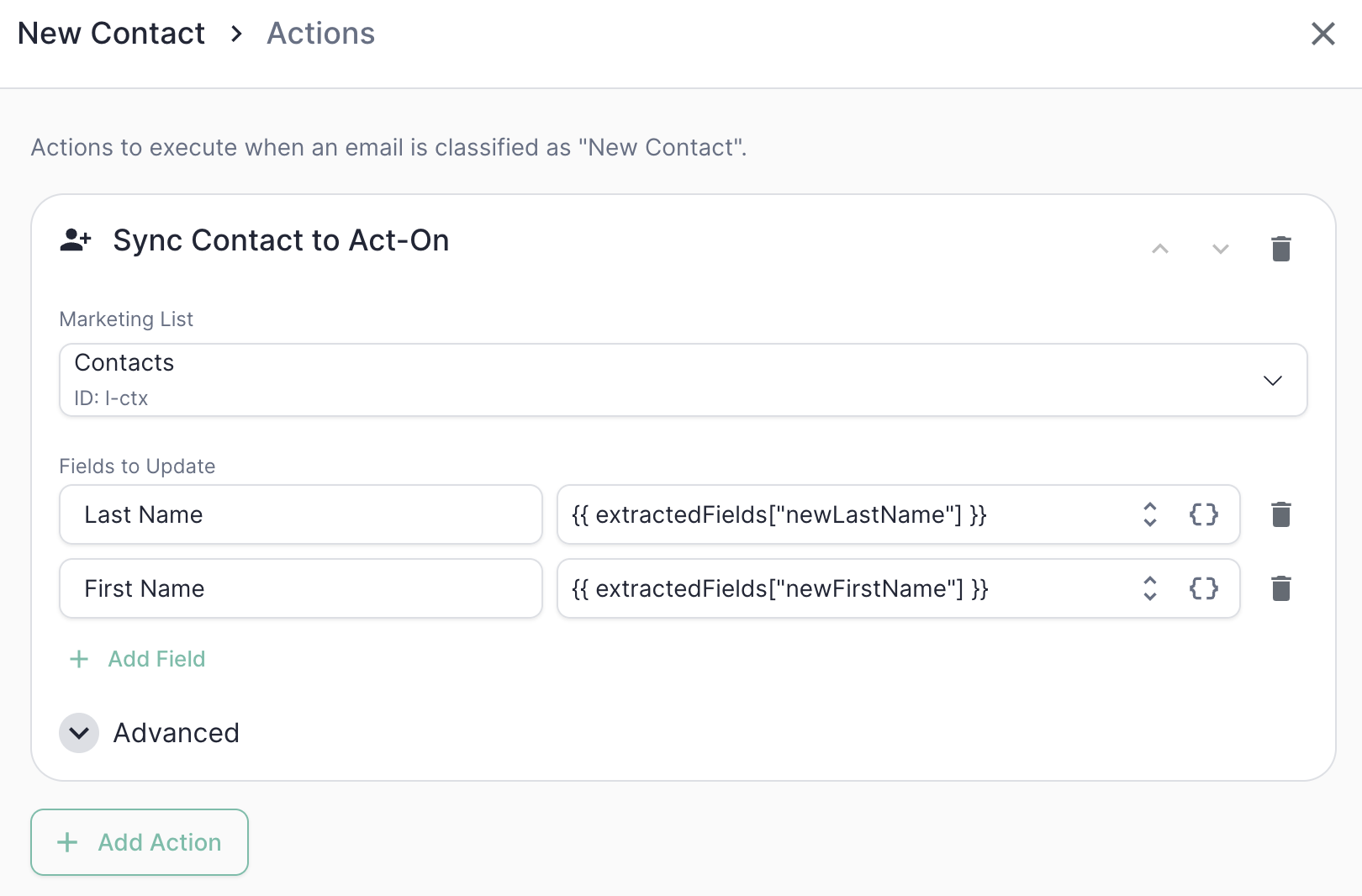 Sync Contact to Act-On action configuration